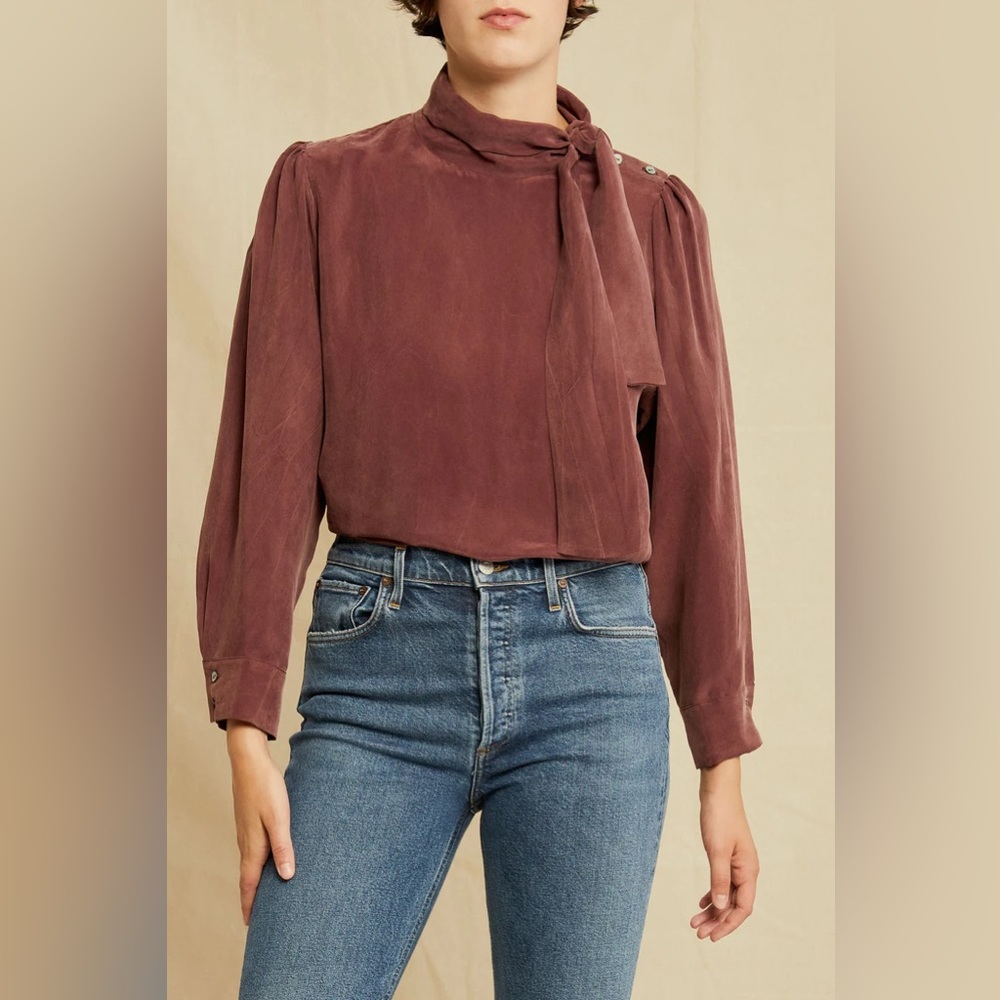 Amour Vert Mauve Tie-Neck Long Sleeve Blouse